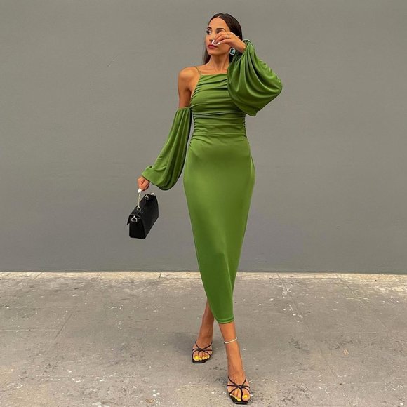 BLOGGER'S FAVE! Zara Long Dress With Gathered Details Green Sz S NWT - Picture 12 of 17